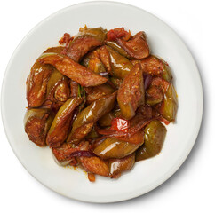 plate of eggplant dish isolated white background, golden and crispy fried brinjal mixed with tempered spices with flavors of sweet, sour and spicy taste, taken from above