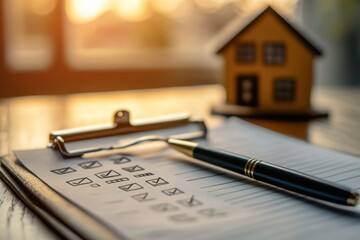 A clipboard with a checklist and a pen rests on a table, with a small house model in the background, symbolizing real estate or home inspection activities