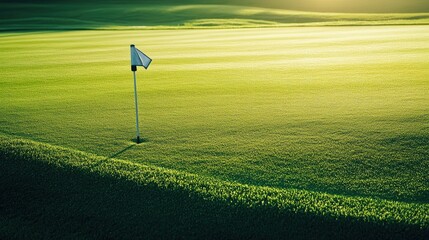 Obraz premium Close-up of a well-kept golf green, with a flagstick and hole, bathed in soft morning light, and perfectly trimmed grass