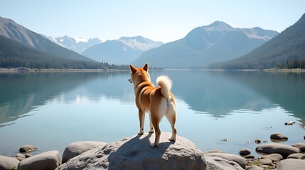 Shiba Inu Standing on a Rock Overlooking Tranquil Lake