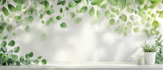 A serene, minimalist display featuring lush green leaves and a small potted plant against a soft, light background, creating a natural and calming atmosphere