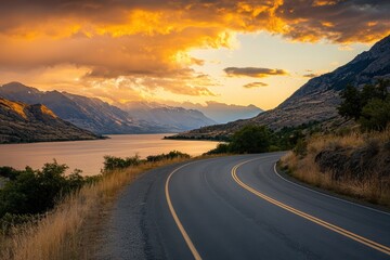 Naklejka premium A scenic winding road beside a tranquil lake, framed by mountains under a dramatic sunset sky.