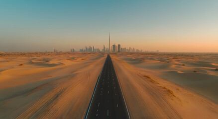 Aerial View of the Dubai Skyline in the Distance, a Desert Landscape in the Foreground, Capturing the Contrast Between the Modern Urban Architecture and the Vast Desert, Perfect for Themes of Urbaniza