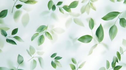 Obraz premium A serene and elegant pattern of green leaves scattered on a soft background, conveying a fresh and natural atmosphere