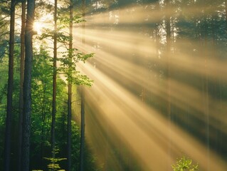 Fototapeta premium Sunlight streaming through lush trees in a tranquil forest at dawn