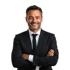 A confident man in a black suit and tie, with a friendly smile, posing with arms crossed, exuding professionalism and approachability