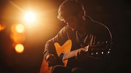 Obraz premium Silhouette of a Musician Playing Acoustic Guitar under Stage Lights