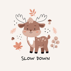Deer among autumn leaves, mushrooms and berries. Poster for the children's room.Text Slow Down