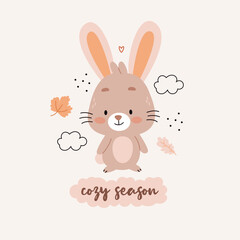 Hare among autumn leaves, and clouds. Poster for the children's room.Text cozy season.