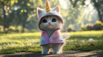 3D rendering of a cute fluffy kitten in a unicorn-themed blanket and matching hat, standing upright on two legs, in a scenic park --ar 16:9 --v 6.1 Job ID: 5dafc1b5-afc0-4c81-aa14-9ae159b40266