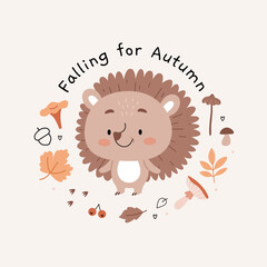 Hedgehog among autumn leaves, mushrooms and berries. Poster for the children's room.