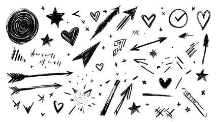 A playful collection of hand-drawn doodles featuring arrows, stars, hearts, and swirls, showcasing a whimsical and artistic style
