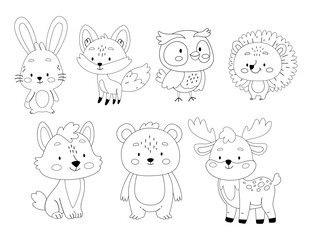 Cute baby woodland animal vector set in linear style. Coloring book. Hare, fox, owl, hedgehog, bear, wolf, deer. Print for children's room.