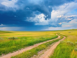 Fototapeta premium Winding dirt road through golden fields under a dramatic sky near the horizon at sunset