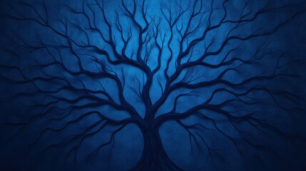 Abstract dark blue tree branches spreading across textured background..
