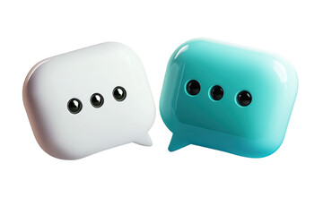 Two speech bubbles, one white and one turquoise, featuring three dots inside, representing communication and messaging