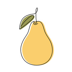 Pear. Yellow fruit with leaf. Continuous one line drawing. Line Art. Minimalistic linear vector illustration with bright accent spot.