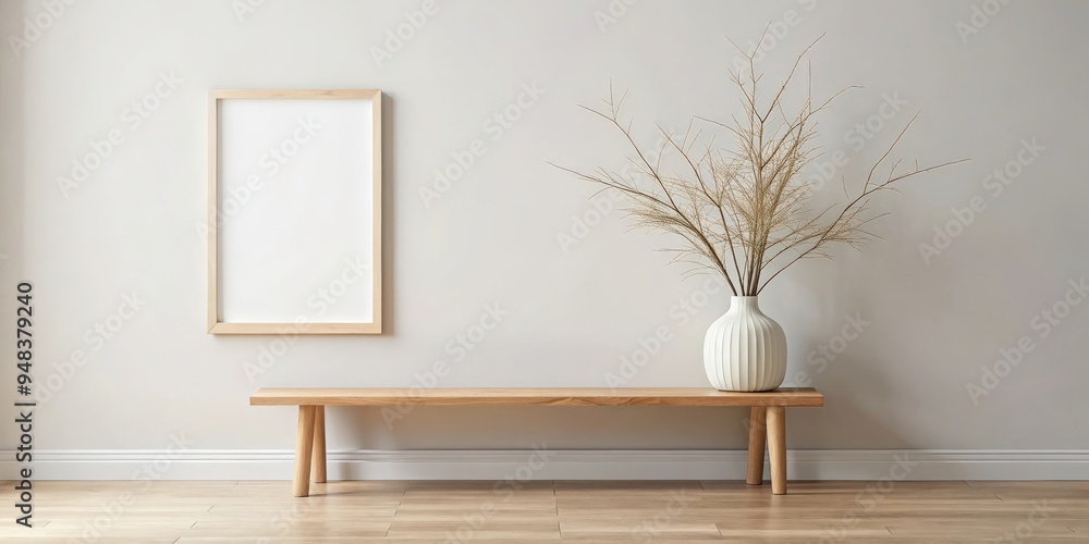 Aufkleber Wooden bench mock up poster with branch in vase, perfect for adding rustic charm to any space