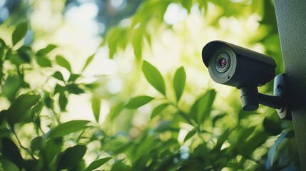 A close-up of a surveillance camera mounted in a lush, green setting, blending technology with nature