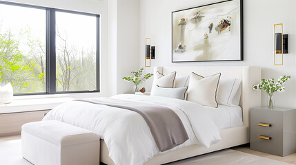 Modern bedroom interior design with elegant decor and natural light