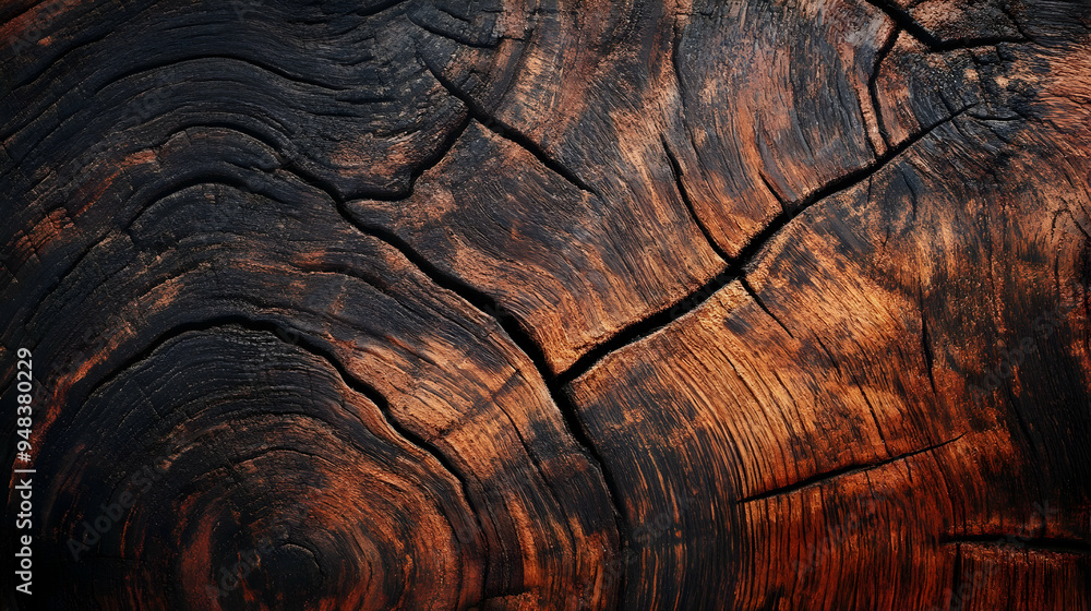 Poster close up of dark brown tree bark with natural cracks and a circular pattern.