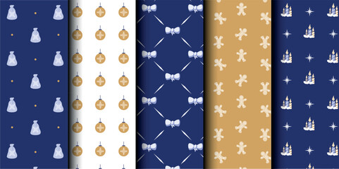 Fototapeta premium Set of Christmas vector seamless pattern. Merry Christmas and Happy New Year. Christmas symbols background. Vector gold and blue seamless illustration