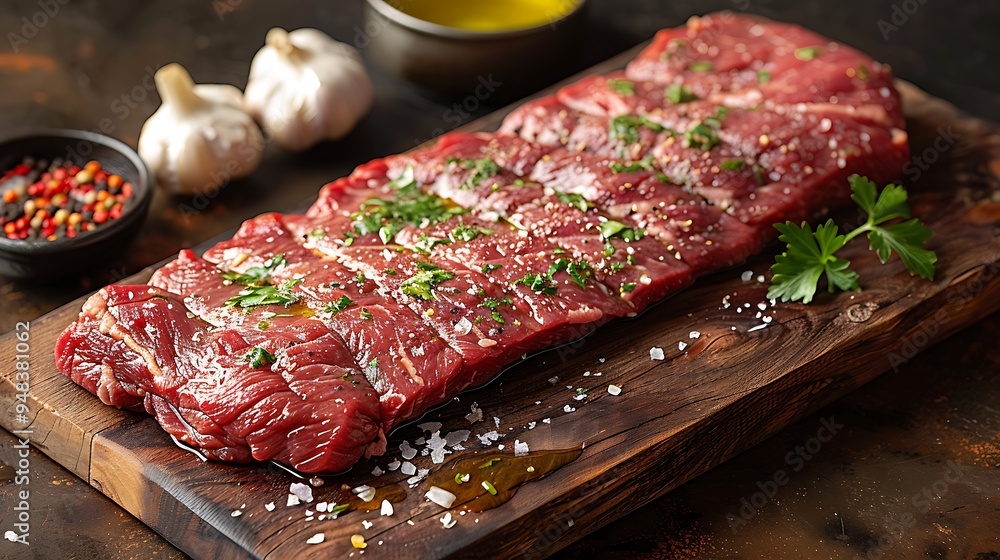 Wall mural a raw flank steak placed on a rustic wooden wooden board, garnished with fresh parsley, whole garlic