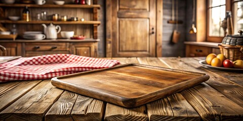 Fototapeta premium Rustic wooden table with vintage baking board perfect kitchen design element for a cozy farmhouse aesthetic