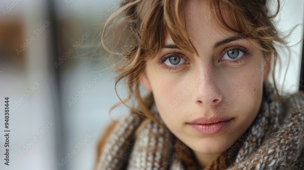 Poster a portrait with eye focus on a model looking directly into the camera