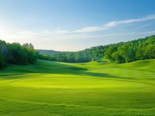 Obraz premium Lush green golf course landscape under a bright blue sky on a serene summer afternoon