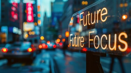 A motivational poster with the phrase "Future Focus" and a blurred background of city lights