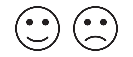 Set of smile and sad emoticons isolated emoji set in black color. Happy and unhappy smileys on white background.  Line icons emoticons.  Vector illustration.