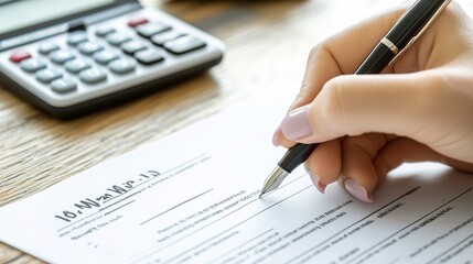 A close-up of an insurance plan document being signed by a client, with a pen and calculator nearby.
