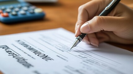 A close-up of an insurance plan document being signed by a client, with a pen and calculator nearby.