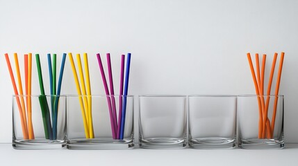 A vibrant assortment of smoothies fills six tall glasses, each with a colorful straw, arranged against a clean white background, perfect for refreshing drink promotions