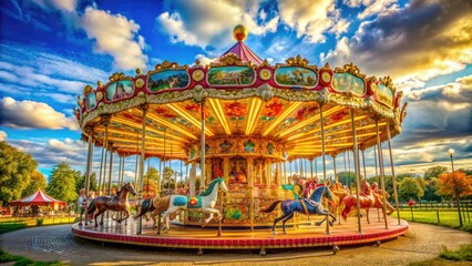 Colorful merry-go-round spinning in a sunny park with vibrant horses, swings, and other rides against a clear blue sky with fluffy white clouds.