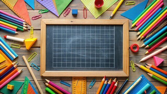 Colorful math problems and equations written on a chalkboard surrounded by elementary school supplies, pencils, and ruler, encouraging young learners to explore math concepts.