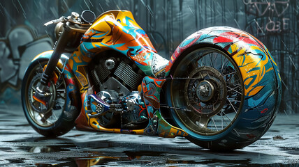 A vibrant 3D motorcycle model painted in colorful artistic patterns. The bold and creative design...