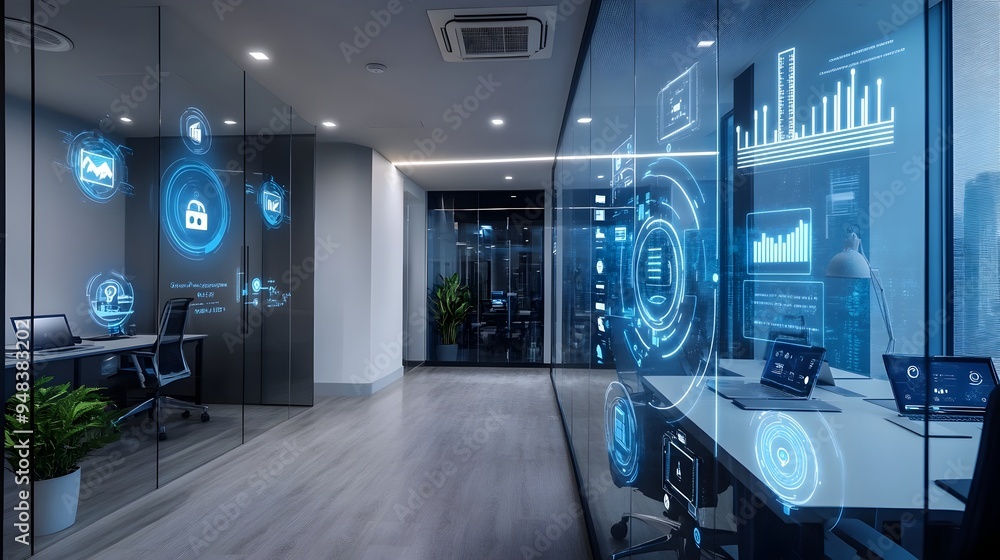 Poster photograph of a modern sophisticated smart office space with iot powered automation systems that enh