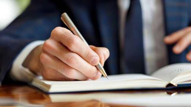 Close-up of a businessman's hands, highlighting him writing important notes while everything else is out of focus
