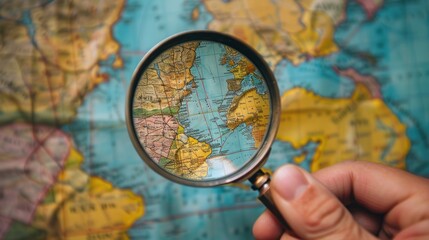 Magnifying glass held over a map, zooming in on a specific location
