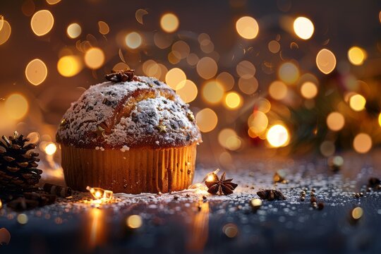 Italian panettone.Christmas panettone.Italian Christmas cake.A mini Panettone garnished with powdered sugar, surrounded by festive lights, ample copy space