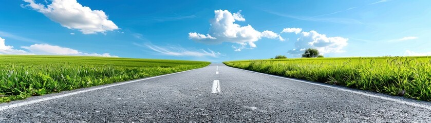 Naklejka premium Open road leading into horizon under bright blue sky with white clouds, surrounded by green fields. Perfect for journey or travel concepts.