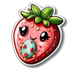 Obraz premium Cute Cartoon Strawberry Holding an Egg