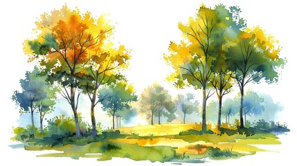 Colorful watercolor painting of a serene forest landscape with vivid autumn and green trees under a sunny sky, representing the beauty of nature.