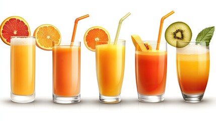 A vibrant assortment of smoothies fills six tall glasses, each with a colorful straw, arranged against a clean white background, perfect for refreshing drink promotions