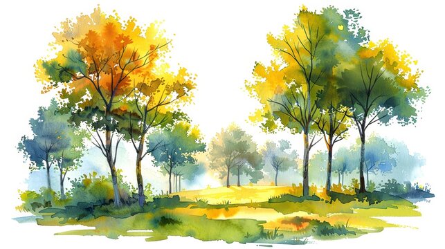 Colorful watercolor painting of a serene forest landscape with vivid autumn and green trees under a sunny sky, representing the beauty of nature.