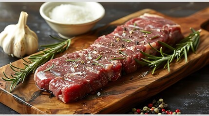 Obraz premium A raw hanger steak on a wooden wooden board, garnished with rosemary sprigs, crushed garlic, and black peppercorns, warm golden hour light casting soft shadows, rich, warm tones,