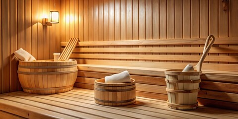 Interior view of a sauna with various sauna accessories such as wooden buckets, ladles, and towels
