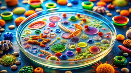 Colorful microscopic image of microorganisms, bacteria, and cells on a petri dish, highlighting the fascinating world of microbiology and scientific research studies.
